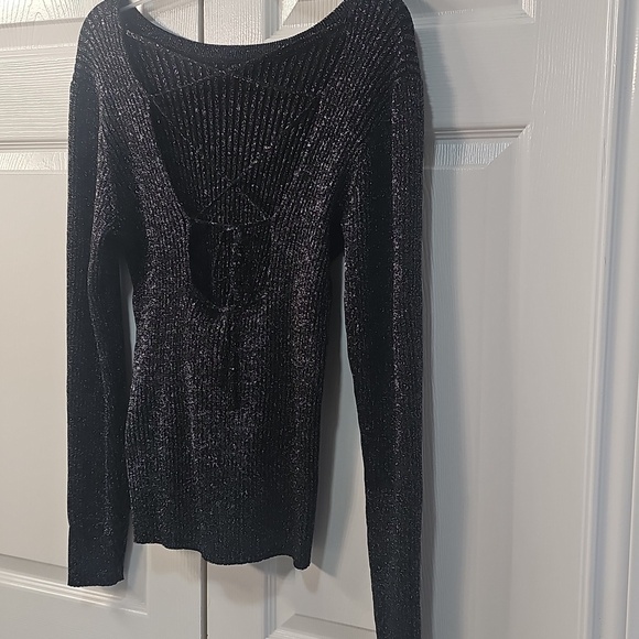NWT ICHI Metallic Crossback Long Sleeved Ribbed Knit Metallic Black Top XL - Picture 10 of 13